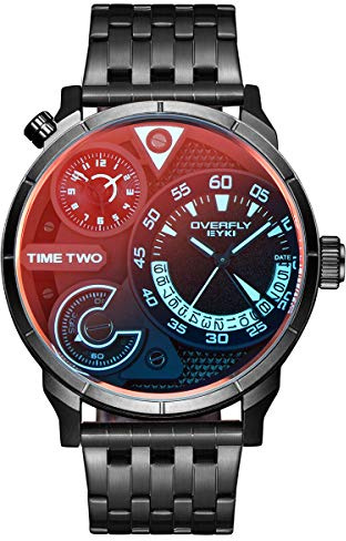 Alienwork Montre Homme Noir Bracelet en Métal Acier Calendrier Date Fuseaux Horaires Multiples XL sur Grand