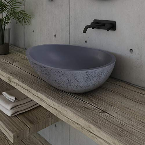 Design Aufsatzwaschbecken VELA aus Mineralguss - Beton-Optik matt - 60,5 x 43,5 x 16 cm, Ablaufgarnitur/Pop-up:Mit Ablaufgarnitur