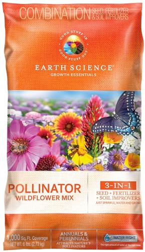 Earth Science Wildflower Pollinator Mix— 6 lb—3-in-1 Mix with Premium Wildflower Seed, Plant Food and Soil Conditioners, Non-GMO, for Bees, Hummingbirds, Butterflies, Pollinators