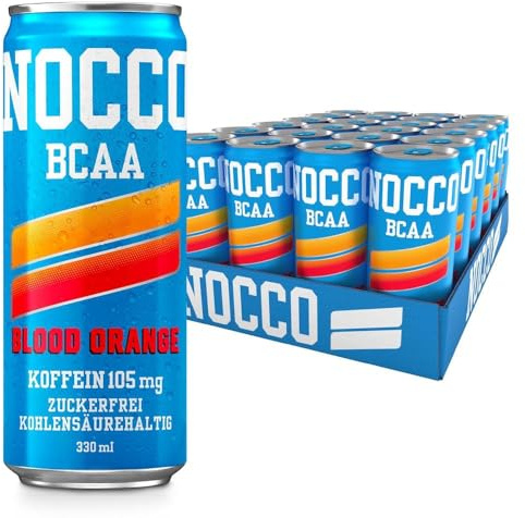 NOCCO BCAA energy drink 24er pack – zuckerfrei, vegan Energy Getränk mit Koffein, Vitaminen und Aminosäuren – Blutorangengeschmack, 24 x 330ml inkl. Pfand (Blood Orange Del Sol)
