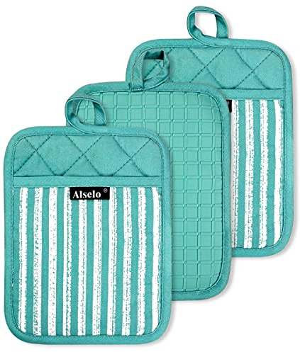Alselo Lot de 3 maniques en silicone résistantes à la chaleur et antidérapantes, avec poches, gants pour cuisine, pâtisserie, barbecue