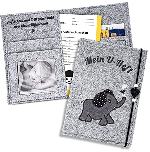 ZWEN U-Heft Hülle Elefant grau - U Hefthülle filz für deutsches U Heft | U-Heft Organizer mit Impfpass Fach - Personalisierbar mit Bild - Grau