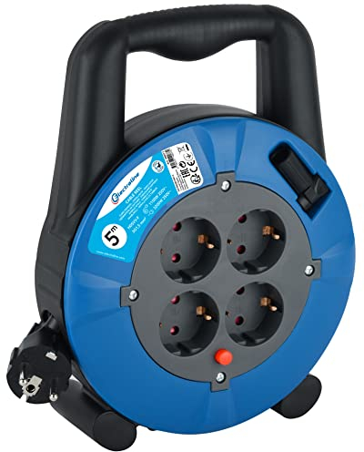 Electraline 49077 H05VV-F 3G1,5 cavo-IP20 Indoor/Avvolgicavo con 4 Prese Schuko, Scatola con prolunga, Rullo con manovella da 5 m, Blu, 5M