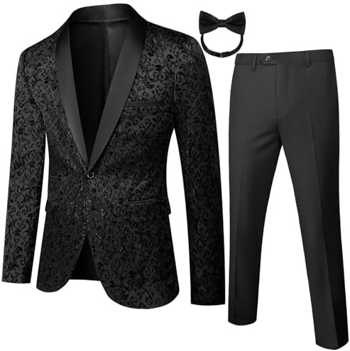 Mgnaie Men's Floral 2 Piece Blazer Suit Sets Shawl Lapel Jacket Dinner Party Prom Wedding Stylish Tuxedo Black