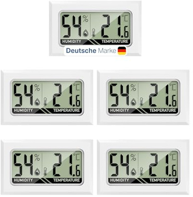 Mavori Thermo-Hygrometer 5er Set Digital - Mini Hygrometer Innen, 2-in-1 Feuchtigkeitsmessgerät & Raumthermometer digital °C/°F + on/off - für Raumklima, Growbox, Terrarium, Humidor & Curing
