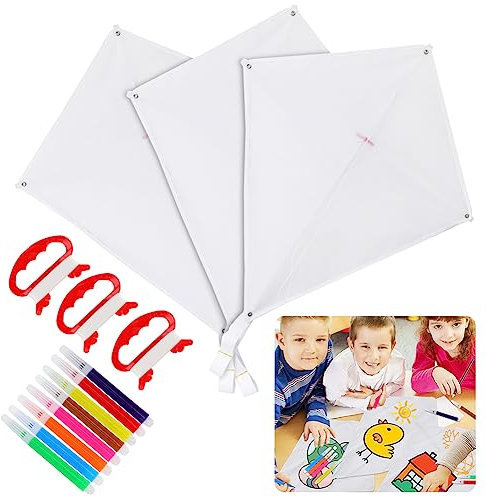 Umllpet 3 Stück Kinder Drachen, Kinderdrachen Bausätze Bastelset, DIY Bastelset Flugdrachen für Kinder, Einleiner Drachen Basteln KiteKit Graffiti Einsteiger Selbst Gestalten mit 8Filzstifte & 3Leinen