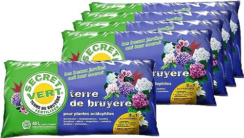 Secret Vert Terre de bruyère Bio pour Plantes acidophiles 40 litres Lot de 5