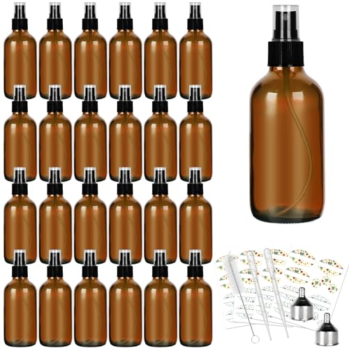 Braunglas-Sprühflaschen mit feinem Sprühnebel, Reiseflaschen aus Glas für Kosmetik, ätherische Öle, Reinigungslösungen, Parfüm und mehr Flüssigkeiten, 25 Stück (1 Pinsel, 2 Trichter und 36 Etiketten)