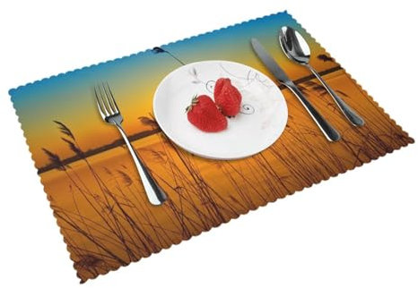 Reeds By The River Placemats Set Of 4,45cm X 30cm.Beige Placemats,Washable Dinner Mat,Stylish Decorative Place Mat For The Table, Beautifully Printed And Luxuriously Textured,Standard Size