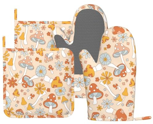 DYCBNESS Ofenhandschuhe im Retro-Stil der 70er und 60er Jahre, Pilz, Topflappen, Silikon, Vintage, Orange, Blume, Boho, Küche, Ofenhandschuhe, hitzebeständig, Topflappen, rutschfest, 4 Stück heiße