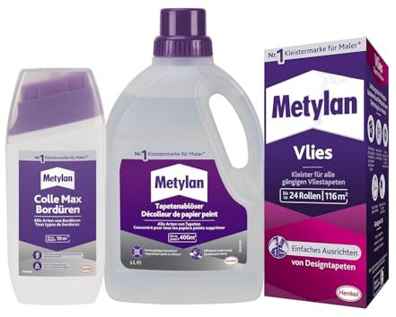 Metylan Vlies, Tapetenkleister für Vliestapeten (1x720g) & Metylan Bordüren Klebstoff (1x250g) & Metylan Tapetenablöser Aktiv-Konzentrat, löst schnell und problemlos (1x 1l)