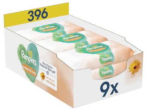 Pampers Harmonie Protect & Care Baby Wipes Plastic Free 9 Packs of 44 Wipes = 396 Baby Wet Wipes, Help restore natural skin pH