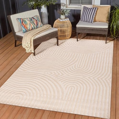 Mazovia Outdoor-Teppich Balkon 200x200cm Creme Weiß Geometrisch Wetterfest | Balkon Teppich für Terrasse Garten Beige Pflegeleicht UV-Beständig Tierfreundlich Wasserabweisend Kurzflor Robust Synthetisch