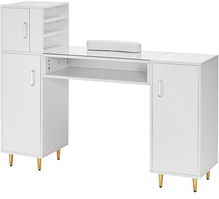 VEVOR Manikyrbord, nagelbord med glasskiva, smink- och nagelstation med förvaringsskåp, acetonbeständigt nageltekniskt bord för skönhetssalong spa arbetsstation med 8 metallben, handledsstöd, vit