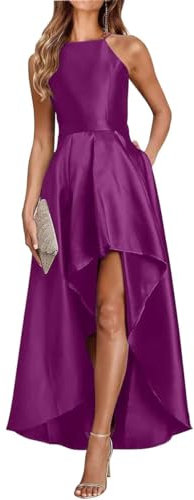 Vestido largo formal de satén para dama de honor para mujer, vestido largo con hombros descubiertos y bolsillo, fucsia, 54 Más