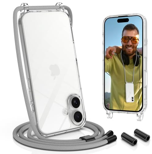 UYMO Handykette Hülle mit Band Für iPhone 16, Necklace Transparent Handyhülle Case mit Schnur Abnehmbar, Schutzhülle zum Umhängen Kordel, Grau