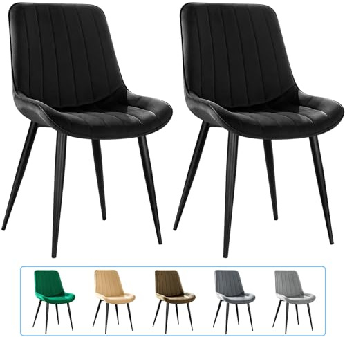 JIJIAN Samt Esszimmerstühle 2er Set, Schwarzer | Moderner Polsterstuhl mit 53 cm Breiter Sitzfläche, Küchenstühle mit Metallbeinen, Bis 150 kg Belastbar, für Esszimmer Küche