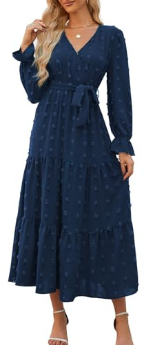 Wantonfy Kleid Langarm Damen V Ausschnitt Freizeitkleider Strandkleid Midikleid Kurzarm A Linie Cocktailkleid Maxikleid Herbst