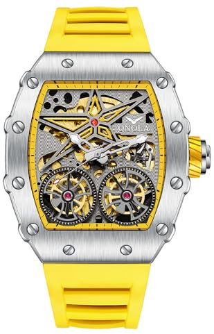 DAXIAOYU Tonneau - Orologio automatico da uomo, stile vintage, doppio tourbillon, impermeabile, luminoso, sportivo, meccanico, Giallo, Lusso