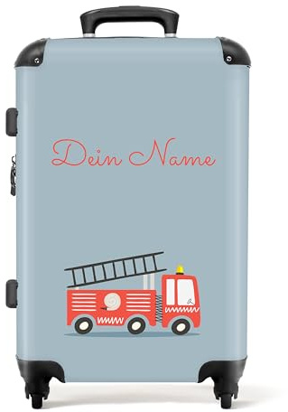 NoBoringSuitcases© Kinderkoffer Jungen, 67 cm | 72 L - Reisekoffer mit Rollen Groß - Hartschalenkoffer Groß - Koffer Feuerwehr - Koffer Personalisiert - Rollkoffer Blau Rot