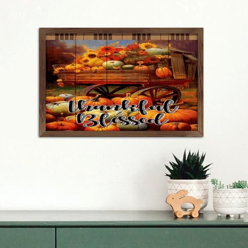 Wandschild mit Aufschrift Thankful Blessed Gallerie, rustikaler Holzrahmen, positiver Kürbis, Bauernhof, Herbstblume, Holzwand, Tischschild, Heimdekoration für Büros, Fenster, 20,3 x 30,5 cm
