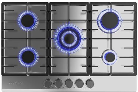 Cecotec Placa de Gas Butano y Natural 5 Fuegos Bolero Squad G 5200F Inox. 11000W. Acero Inoxidable, Parrillas Completas Hierro Fundido, WOK Triple Corona, Encendido Eléctrico, Sistema Seguridad