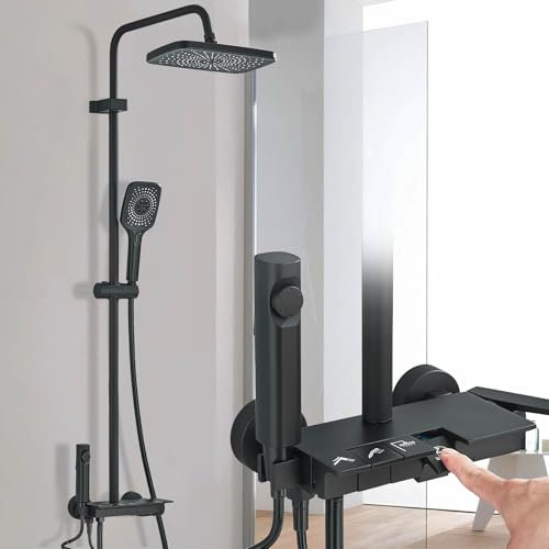 JUNSHENG Set Doccia, Doccia con 4 Modalità, Tasti del Pianoforte, Set Doccia Regolabile in Altezza, Colonna Doccia Nera con Soffione e Doccetta, Spazio in Alluminio