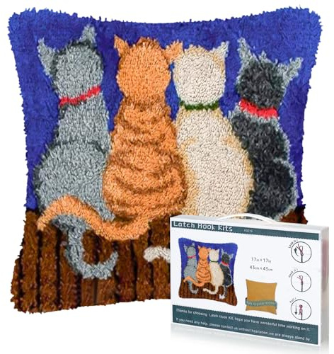 EsLuker.ly Katze Knüpfkissen Set Zum Selber Knüpfen für Erwachsene und Anfänger, DIY Kissenbezug mit Knüpfhaken-Set Latch Hook Cushion Kit, Kreatives Basteln Ideal für Home Decor 43x43cm