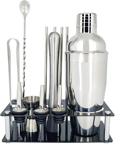 KANGKKAI Shaker Cocktail Kit, 13 pièces Ensemble Premium Barware Ensemble Barre en Acier Inoxydable Cocktail Shaker Ensemble Barman Kit Shakers Bar Outils avec Support à vin