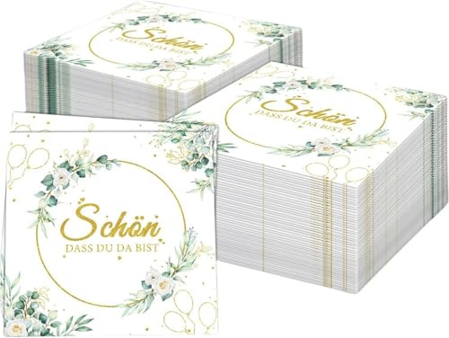 100 Stück Servietten Schön Dass Du Da Bist mit Golddruck, – 33x33cm Eukalyptus Grün Tischservietten für Hochzeit, Geburtstag, Taufe & Kommunion, 2-lagige Partyservietten
