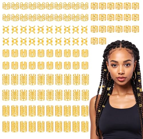 120 Pcs Gold Braid Hair Jewelry Braids Accessories for Black Women Clip Gold Beads Hair Clips Cuffs Charms Rings Jewels Loc Accessories for Women Men Dreadlock Decorations
