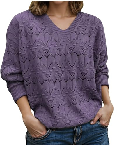 GMQWRK Pull tricoté à col en V pour femme - Motif ajouré élégant - Manches longues - Pull court en tricot creux - Léger - Décontracté - Haut court pour femme - Chemises de sortie en tricot, violet, L