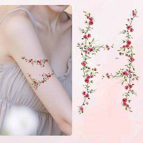 Tatouages ​​temporaires colorés de fleurs de cerisier, de pêcher et de rose, réalistes, imperméables et durables.(C)