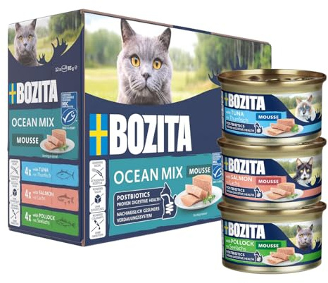 Bozita Mousse Ocean Mix – 12 × 85 g våtfoder för katter med tonfisk, lax eller sej – spannmålsfritt, utan socker & färgämnen – med postbiotika för en hälsosam tarmflora