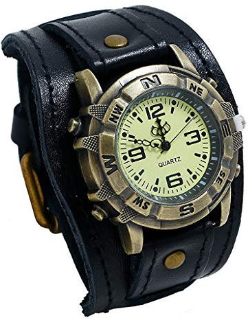 Punk mode läder män spänne retro pin klockarmband herrklocka pryl klockor för män, Svart, En storlek