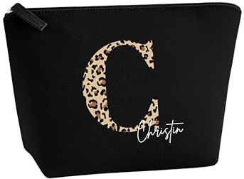 Personalisierte Kosmetiktasche Leo - Initial und Name - Individuelle Filz Schminktasche - für Frauen, Freundinnen, Kolleginnen - Leopard Tasche (Schwarz, M)