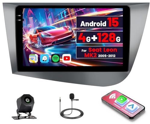 Inefala 4G+128G Autoradio Android 15 para Seat Leon MK2 2005-2012 | Pantalla Táctil de 9, Wireless CarPlay, Android Auto, GPS, WiFi, RDS/FM, BT, EQ, SWC, Cámara Trasera, MIC