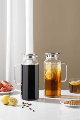 2 Pack 2 Liters/68 oz Octagon Glass Water Pitcher with Lid and Spout, Water Pitchers with Handle for Fridge, Borosilicate Glass Carafe for Hot/Cold Drink, Extra Large Jug for Iced Tea, Coffee.