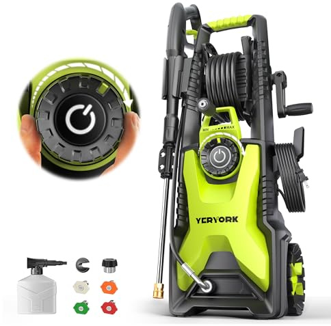 Yeryork 5000 Max Adjustable PSI Pressure Washer,2.5 Max GPM Power Washer with 33 FT Retractable Hose Reel, Stainless Steel Lance, 500ml Foam Cannon, 4-Nozzle Set, Washer for Cars, Fences, Patios
