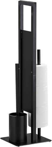 QIUFEN Portarotolo Carta Igienica in Acciaio Inox, Porta Carta Igienica da Terra, Piantana Portarotolo e Scopino, 2 Testine per Scopino, Nero