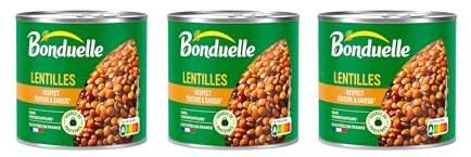 BONDUELLE - Lentilles Nature - Gamme Très Peu de Jus - Sans Conservateur - Riches En Fibres Et En Protéines - Nutri-Score A - Boîte de Conserve 310 g (Lot de 3)