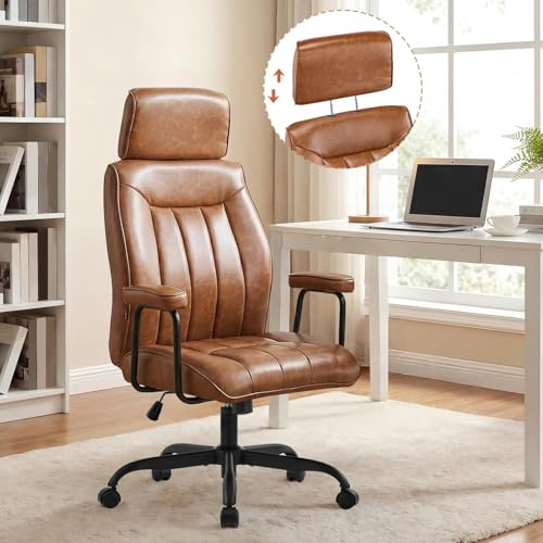 Ckaff Bürostuhl Ergonomisch, PU Leder Chefsessel mit Verstellbarer Kopfstütze, Schreibtischstuhl mit Gepolsterter Armlehnen und Höhenverstellbar, Neigefunktion, Drehstuhl Mit Rollen, Braun