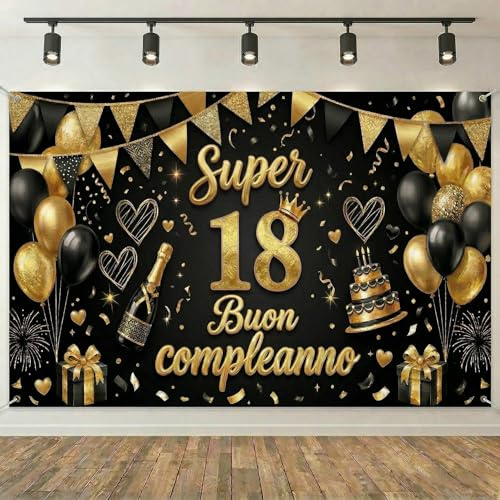 Striscione di Compleanno 18 30 40 50 60 70 80 Anni, Compleanno Festa Decorazioni Oro Nero, Fondale per Decorazioni del Buon Compleanno Decorazione 180x115 cm, (18 Anni)