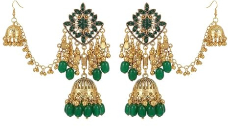 Boucles d'Oreilles Jhumka Indiennes Vintage – Pendentifs Cloche Dorés Avec Perles – Chaîne Capillaire Amovible – Bijoux Bohèmes Ethniques Pour Femme – Style Gypsy – Idéal Pour Mariage Et Fête (Vert)