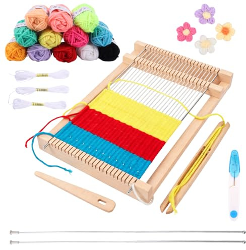 Vexnaro Métier à Tisser Enfant, Cadre à Tisser en Bois avec 12 Couleurs de Fil, Peigne et Ciseaux, Kit de Tissage pour Débutants, Étudiants, École Primaire, Enfants