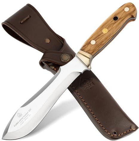 PUMA - White Hunter 240 Olivenholz – die Neuversion des legendären Jagdmessers - handgefertigt in Solingen - Griff aus Olivenholz – 157mm Klinge, Gesamtlänge 273mm - Vollerl - mit Sattellederscheide