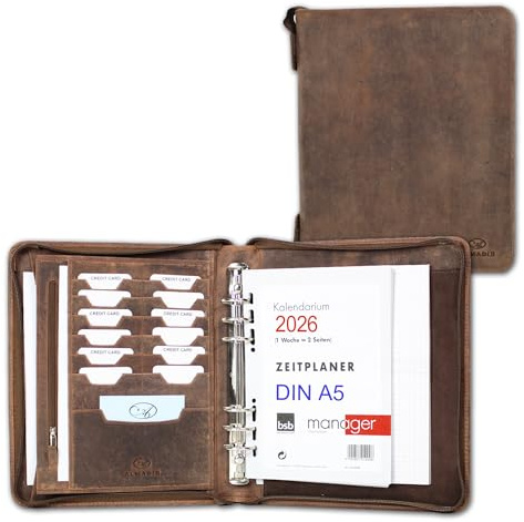 ALMADIH Leder Organizer A5 Ledermappe Kalender 2026 mit Ringmechanik Reißverschluss Notizblock - Leder Mappe Braun Vintage Terminplaner Systemplaner Terminkalender Konferenzmappe (A5-O-BV)