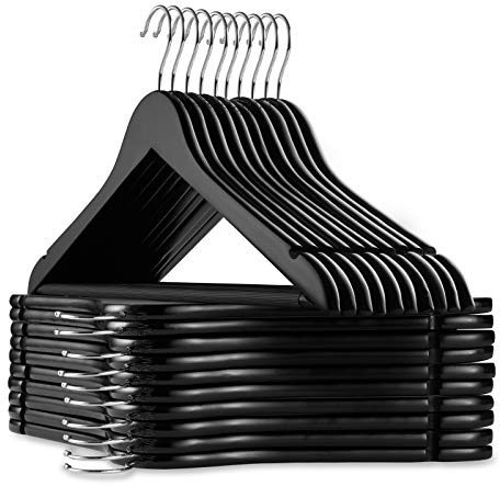 Casafield - 20 Black Wooden Suit Hangers - Premium Lotus Wood with Notches & Chrome Swivel Hook for Dress Clothes, Coats, Jackets, Pants, Shirts, Skirts