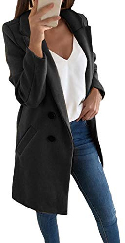 Onsoyours Manteau Jacket Trench Coat Femme Gilet Blazer Manteau Hiver Femme Bouton de Mode Long Veste OL Vintage Chaud Manches Longues en Laine Noir 34