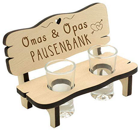 Spruchreif Schnapsbank „Omas und Opas Pausenbank“ – Holz Schnapsbank mit 2 Gläsern – Schnapsglashalter mit Pausenbank-Motiv – Geschenk für Großeltern